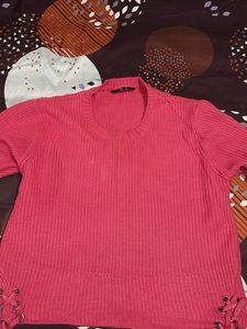Pink Lace-Up Knit Sweater