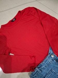 Red Ribbed Lettuce Hem Top