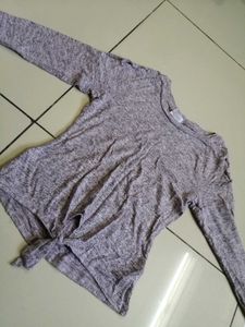 *Grey Melange Front Knot Long Sleeve Top with Shou