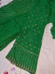 Stunning Green Sequined Kurta set with mask