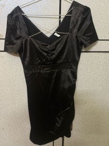 Elegant Black Satin Pearl Dress