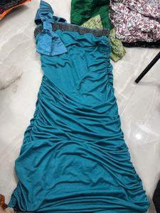 Teal Ruched One-Shoulder Dress