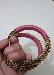 Elegant Gold Tone Bangles with Pink Thread Work