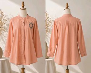 Peach Embroidered Button-Down Tunic Top