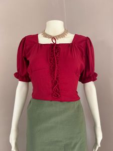 Chic Red Lace-Up Puff Sleeve Top