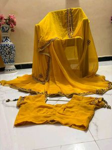 Beautiful Yellow pearl handwork saree