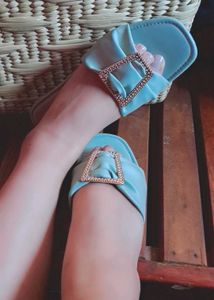 Blue Embellished Slide Sandals