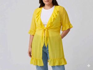 Yellow Ruffled Tie-Front Shrug