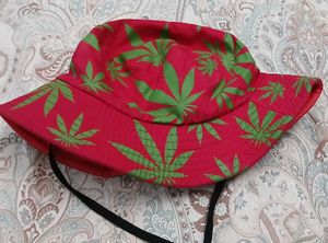 Red Bucket Hat with Green Leaf Print