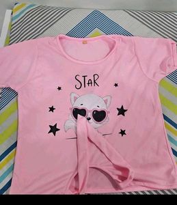 Cute Cat Print Pink Tie-Front Top &amp; Skirt Set