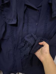 Elegant Navy Blue Lace Cuff Blouse