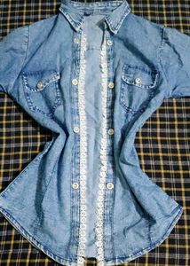 Denim Shirt with Lace Trim