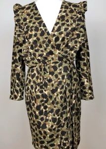 MANGO Ruffle Leopard Wrap Dress Green &amp; Taupe