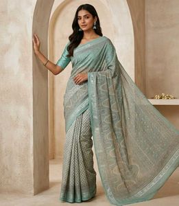 🍀Sage Green Printed Synthetic Saree💚