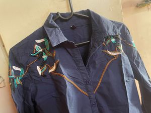 Navy Blue Embroidered Button-Up Shirt