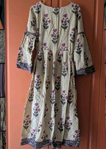 Beige Block Print Boho Kurta with flare