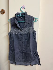 Sleeveless Denim Top with Embroidered Yoke