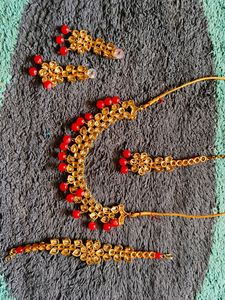 Red Beads With White Stones Neck Set