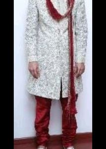 Wedding Sherwani Men Manyavar Red, White &amp; Cream