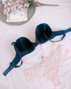 Navy Lace Trim Bra &amp; Panty Set