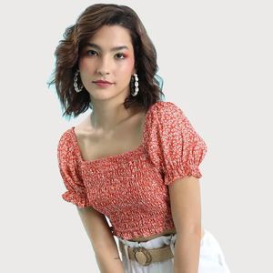 TOKYO TALKIE BRANDED Floral puffed crop top