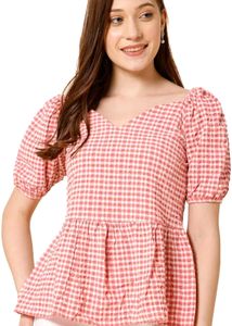 Gingham print pink peplum top