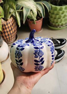 Blue Floral Ceramic Pumpkin Decor