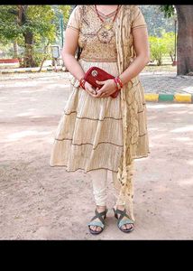 Elegant Beige Tiered Kurta Set with Dupatta