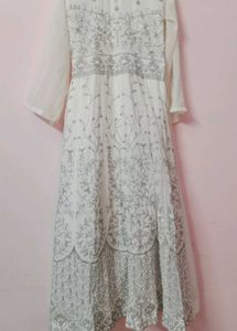 Elegant White Embroidered Gown with Dupatta