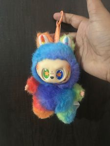 colorful rainbow-patterned Labubu plush keychain