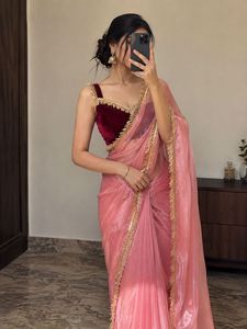 Elegant Pink Organza Saree with Velvet Blouse