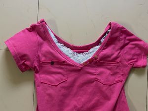 Hot Pink Cropped V-Neck Tee