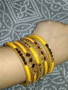 Exquisite Yellow &amp; Gold Embellished Bangles