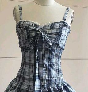 y2k Blue Plaid Tiered Dress with Bow