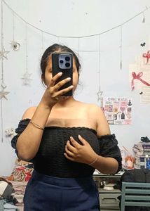 Black Off-Shoulder Smocked Crop Top
