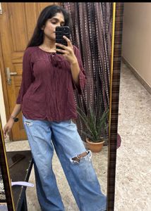 Maroon Bell Sleeve Tie-Up Top