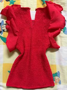 Red Smocked Ruffle Sleeve Top