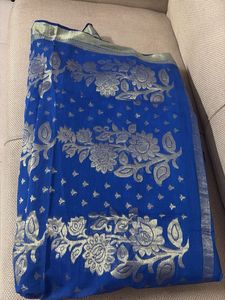 Royal Blue Saree with Silver Border