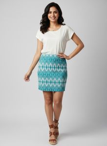 Teal & White Patterned Mini Skirt