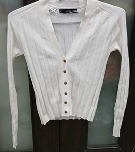 MNG White Ribbed Knit Cardigan