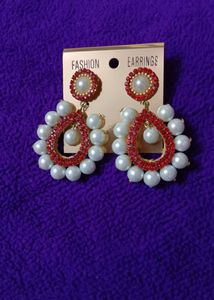 Brand New Red Stones With White Pearl Studded Earr