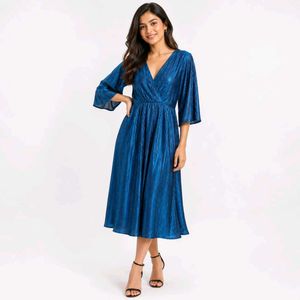 Stunning Blue Metallic Pleated Dress in offer pric