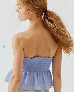 Blue Smocked Peplum Tube Top