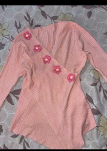 Chic Pink Ribbed Top with Floral Accents