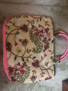 Pink Off-white Elegant Embroidered Clutch