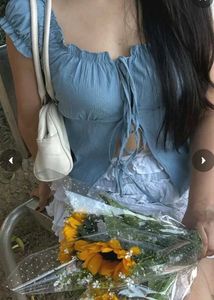 Cute Blue Off-Shoulder Tie-Front Top