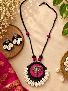 Ganesha Pendant Necklace with Shells & Earrings