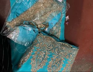 Teal &amp; Gold Embroidered Indian Saree