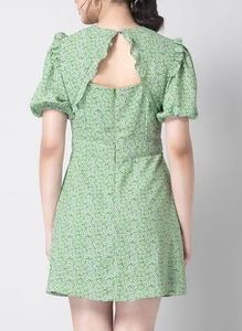 Green Floral Puff Sleeve Dress