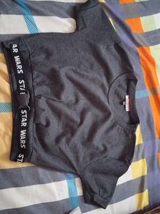 Gray Crop Top with Checkered Sleeves